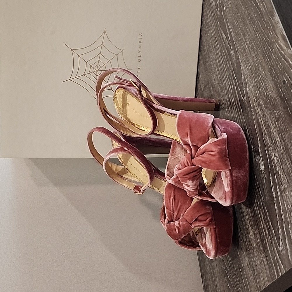 Charlotte Olympia Velvet Tiffani Bow Ankle Strap Platform Stiletto Heels